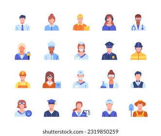 Colorful icons set. Portraits of employee, policeman, surgeon, teacher, delivery man and judge. Stickers with avatars of working people. Cartoon flat vector collection isolated on white background