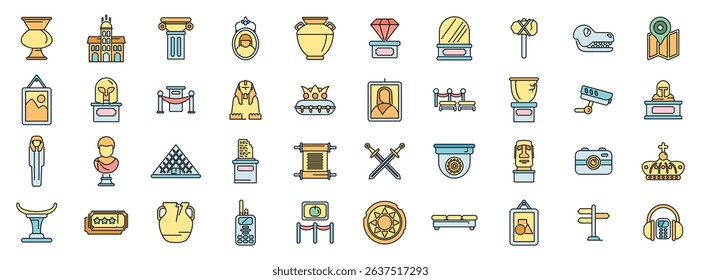 Colorful icons showcasing various aspects of museum exhibits, from ancient artifacts to modern security measures, highlighting the preservation of history and culture