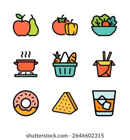 Colorful icons showcasing various food items. Icon Symbol Illustration