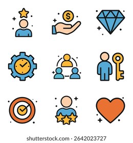 Colorful icons symbolizing achievements and values. Icon symbol illustration