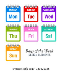 Colorful icons with titles of days of the week isolated on white background