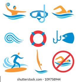 Colorful icons with water sport activities. Vector illustration.