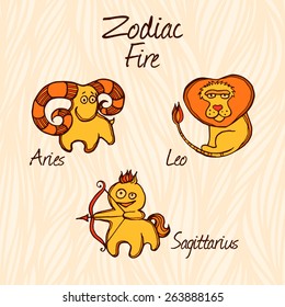 Colorful icons of zodiac. Fire elements.Orange color.