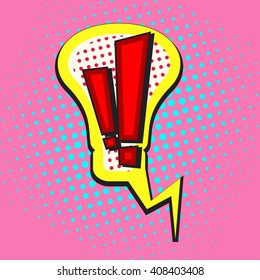 colorful Idea comic book speech bubble, in shape of lightbulb with Exclamation point on a dots pattern backgrounds in retro style, vector