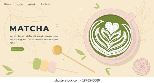 Colorful idea for a website with a cup. Matcha Latter hand drawn illustration. Coffee shop main page idea with latte art