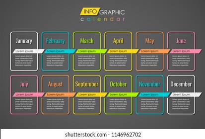 Colorful ifographic 12 months calendar design template on a dark background with place for your text.  Can be used for process, presentations, workflow layout, banner, flow chart, info graph