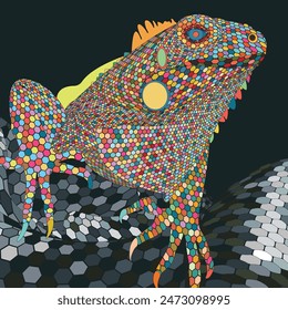 Colorful iguana portrait geometric shapes surrealism concept graphic illustrated.