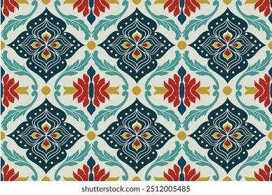 colorful ikat damask pattern combining red, teal, and yellow on a cream background. The intricate design features floral and geometric motifs, perfect for adding a bold statement to fabrics