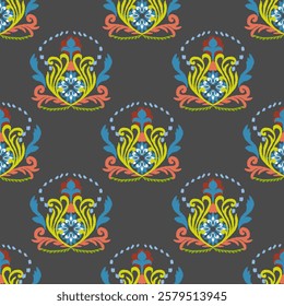 Colorful ikat eamless pattern based on traditional folk art ornaments. Design for 
wallpaper, carpet, curtains, tiles, blankets, and clothing.