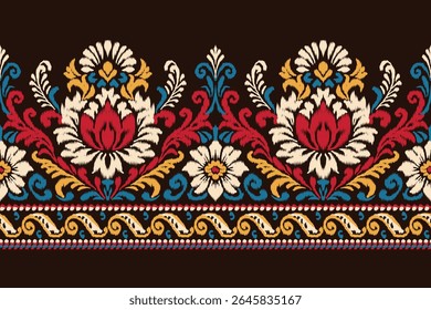 Colorful ikat floral pattern with traditional damask embroidery in red, yellow, and blue tones on black background, seamless ethnic textile design for clothing, decoration, fabric, and wallpaper.