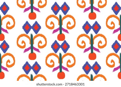 Patrón sin fisuras inspirado en ikat colorido con motivos ornamentales y geométricos pintados a mano sobre un fondo blanco. Vibrante diseño textil étnico con texturas de pincel audaces y Elementos simétricos. Perfecto para estampados de telas y textiles, diseño de moda, proyectos de estilo boho y tribal, Fondo de pantalla, embalaje, papel de embalaje y aplicaciones de patrones de superficie.