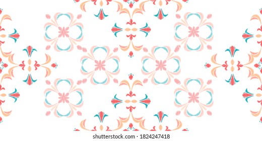 Colorful Ikat ornamentel seamless pattern for textile, wallpaper, card or wrapping paper. Tile for surface design.