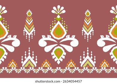 A colorful ikat pattern with floral motifs on rich background, showcasing intricate designs and vibrant hues