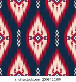 Colorful of Ikat pattern, Thai art design, Ikat Ornament style, Ikat Print. Abstract geometric seamless pattern background traditional ethic for decoration, clothing, fabric, textile, fashion.