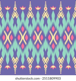 Farbenfroh mit Ikat-Muster, thailändischem Kunstdesign, Ikat-Ornament-Stil, Ikat Print. Abstrakte geometrische nahtlose Muster Hintergrund traditionelle Ethik für Kleidung, Stoff, Textil, Mode.