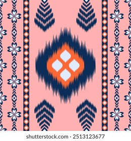 Colorful of Ikat pattern, Thai art design, Ikat Ornament style, Ikat Print. Abstract geometric seamless pattern background traditional ethic for clothing, fabric, textile, fashion.