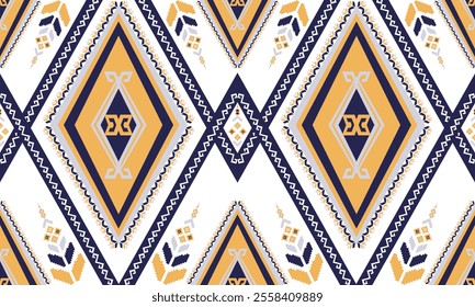 Colorful ikat pattern. Thai art. Ikat ornament style. Ikat print. Seamless geometric abstract pattern, traditional ethic background for decorating clothes, fabric, textiles, fashion.