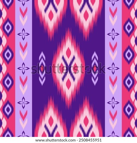 Colorful of Ikat pattern, Thai art design, Ikat Ornament style, Ikat Print. Abstract geometric seamless pattern background traditional ethic for decoration, clothing, fabric, textile, fashion.