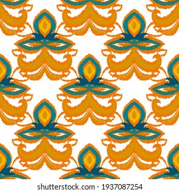 Colorful ikat pattern in vintage style. Elegant ethnic background. Hand drawn oriental art. Seamless geometric modern vintage texture.	