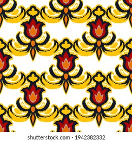 Colorful ikat pattern in vintage style. Elegant ethnic background. Hand drawn oriental art. Seamless geometric modern vintage texture.	