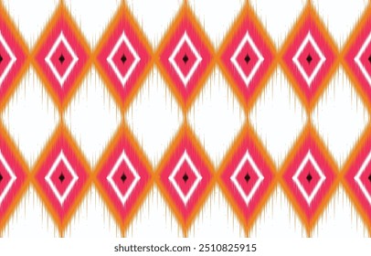 Colorful ikat seamless pattern. Bohemian diamond shapes in pink and orange. Ethnic textile design for fabric or wallpaper. Trendy ikat-inspired geometric print. Vibrant ikat background.