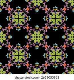 Colorful ikat seamless pattern with decorative flowers on a black background. Vector illustration. Boho style. Design for wallpaper, rugs, curtains, and textiles.