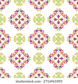 Patrón colorido de ikat sin fisuras con flores decorativas. Fondo floral colorido. Patrón de ikat de Antiguas. Diseño para Fondo de pantalla, azulejos, tapices, textiles, alfombras y decoración del hogar. 
