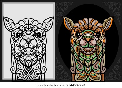 Colorful ILama head zentangle art with black line sketch isolated on black and white background