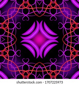 Colorful illuminated 3d vector seaamless pattern. Floral glowing ornamental background. Repeat bright backdrop. Vintage flowers, leaves, swirls, lines, illumination. Beautiful ornate glow design.
