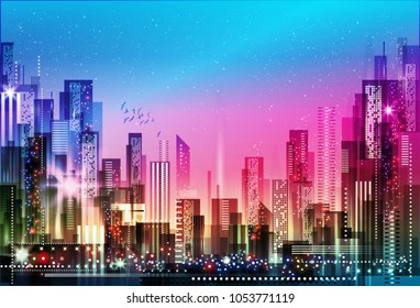 Colorful illuminated Night city background, illustration with architecture, skyscrapers, megapolis, buildings, downtown.