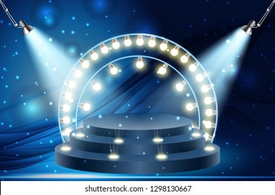 Colorful illuminated podium for awards and performances illuminated by bright spotlights. Vector illustration. EPS10