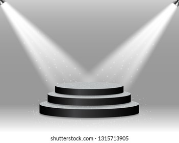 Colorful illuminated podium for awards and performances illuminated by bright spotlights. Vector illustration. EPS10