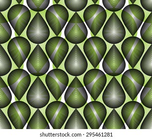 Colorful illusive abstract seamless pattern with overlapping geometric shapes. Vector symmetric lined transparent backdrop.