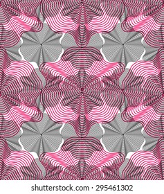 Colorful illusive abstract seamless pattern with overlapping geometric shapes. Vector symmetric lined transparent backdrop.