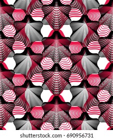 Patrón abstracto colorido e ilusorio sin fisuras con formas geométricas superpuestas. Fondo transparente alineado con vectores simétricos.