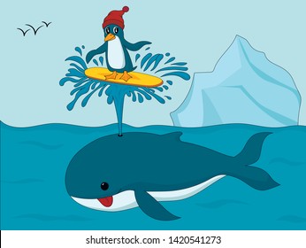 Colorful illustation of cartoon penguin in hat surfing on whale’s spout in the ocean