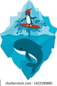 Colorful illustation of cartoon penguin in hat surfing on whale’s spout in the ocean. Iceberg background. Can be used like sticker or printing