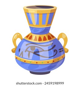 Colorful illustrated ancient Egyptian amphora with decorative patterns, isolated on white, concept of antiquity. Vector illustration