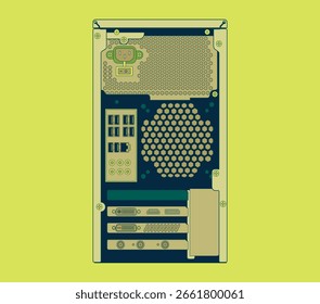 Panel trasero ilustrado colorido de una torre de ordenador. Con varios puertos sobre fondo amarillo. Elemento de diseño único para el diseño tecnológico.