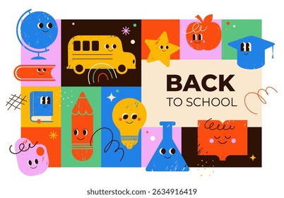 Colorful illustrated Back to School poster in cartoon style. Cute hand drawn school items cartoon characters, including school bus, books, pencil, globe, lightbulb, graduation hat and apple. 