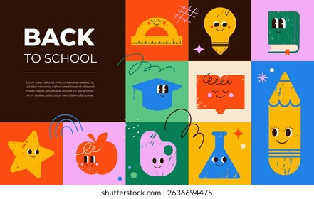 Colorful illustrated Back to School poster in cartoon style. Cute hand drawn school items cartoon characters, including books, pencil, lightbulb, graduation hat and apple. 
