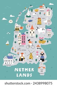 Colorful illustrated cartoon map of Netherlands with famous places, symbols. Vector bright design for posters, travel guides, magazines, wall art