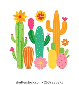 Colorful illustrated desert cacti and blooming flowers on white background