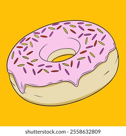 A colorful illustrated donut with pink icing, sprinkles, and vibrant orange background, emphasizing fun and sweetness.