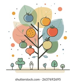 Colorful illustrated fruit tree with diverse healthy vegetables and fruits in a charming design.