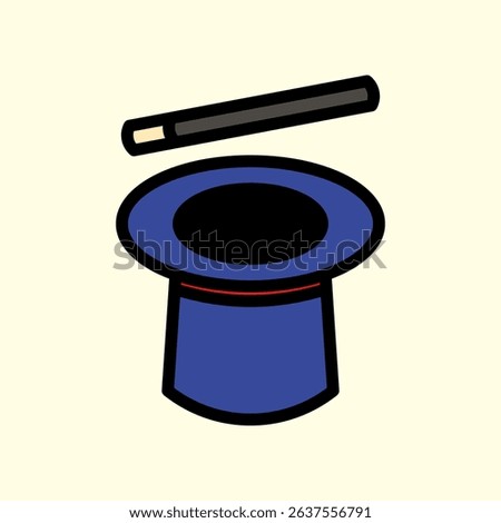 Colorful Illustrated Magic Hat and Wand on Plain Background