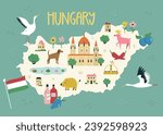 Colorful illustrated map of Hungary with animals, famous symbols, landmarks, Budapest parliament. Vector illustration for travel banners, posters, books, graphic prints