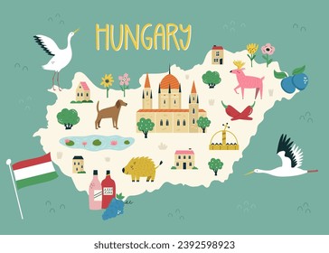 Colorful illustrated map of Hungary with animals, famous symbols, landmarks, Budapest parliament. Vector illustration for travel banners, posters, books, graphic prints