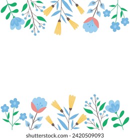 Colorful Illustrated Spring Flowers and Leaves on a Clean White Background. Frame of flowers
