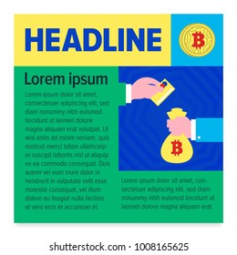 Colorful illustrated template on the topic of cryptocurrencies and blockchain technology. The hand with the card is exchanged for a sack of bitcoin. The design for your site or blog
